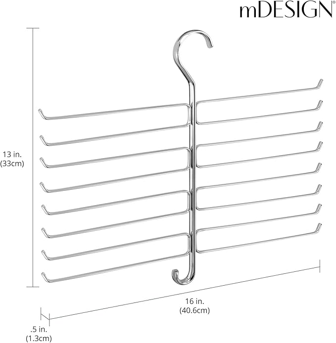 mDesign Metal Closet Rod Hanging Accessory Storage Organizer Rack for Scarves, Ties, Yoga Pants, Leggings, Tank Tops - Snag Free, Geometric Design, 16 Arms/1 Hook - Spira Collection - Chrome