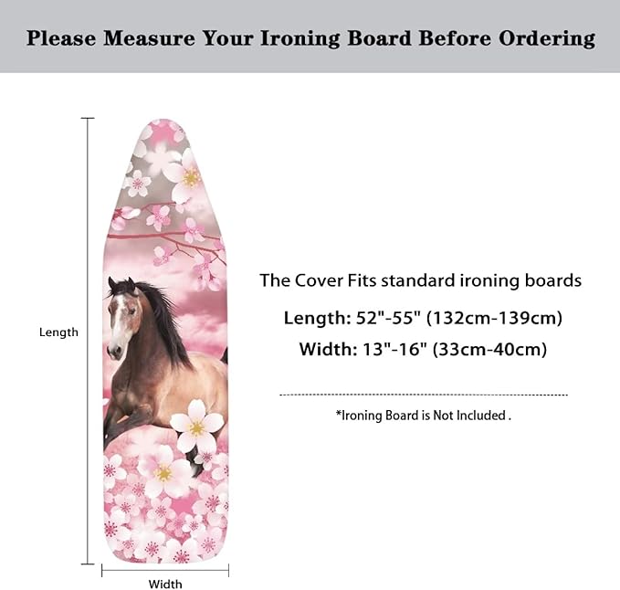 GLENLCWE Pink Horse Cherry Blossom Ironing Board Cover and Pad,Thick Heavy Duty Ironing Board Replacement Padding Standard Size 15X54Inch,Washable