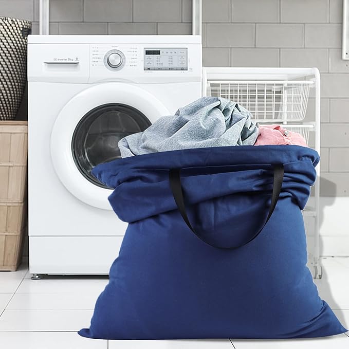 Sanlykate Large Canvas Cotton Laundry Bag with Drawstring & Handles, Heavy Duty Durable Dirty Clothes Organizer, Tear Resistant Hamper Liner Storage Bag, Travel Sack, 25.5 x 34inch - Cyanotic
