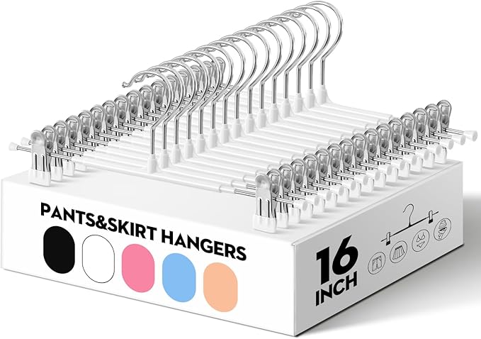 HUADYMEET 16 Inch Extended-Length Pants Skirt Hangers Non-Slip,20 Pack Adjustable Jeans Trousers Shorts Metal Clothes Hangers with Clips for Men Women, Strong Durable Heavy Duty Space Saving(White)