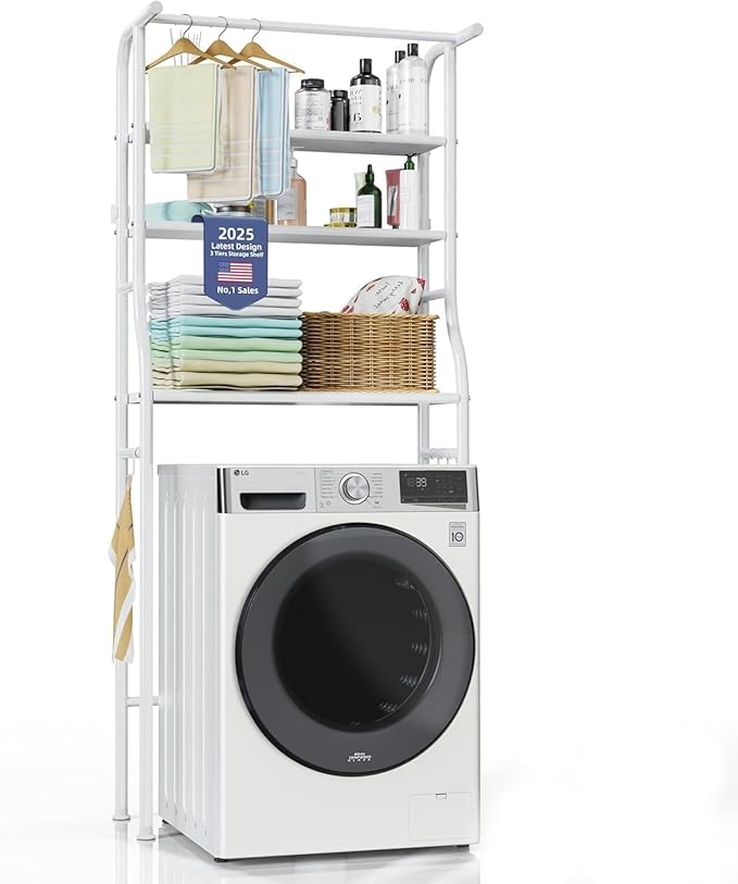 Over The Washer and Dryer Storage Shelf, 3 Tier Laundry Room Metal Drying Rack with Towels Hangers, Space Saver Organizer for Hanging Clothes and Towels (Metal White SL1)