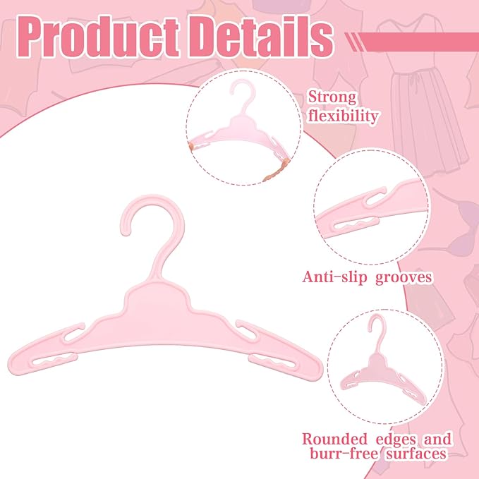 Soulchen 100 Pcs Doll Clothes Hangers for 18 Inch Dolls, Plastic Clothes Hangers with Non-Slip Clips, Space-Saving Wardrobe Accessories for Gown Dress Outfit (Pink)