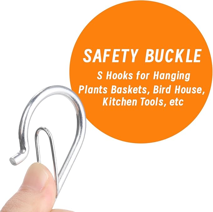12 PCS S Hooks for Hanging with Safety Buckle, Metal S Shaped Hooks Fit for 0.5 Inch Rod Diamater, for Kitchen Utensil, Cups, Pots, Plants, Bags, Hats (Silver)