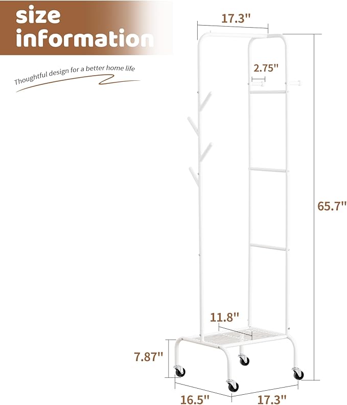 FILWH Rolling Coat Rack with Storage Shelf Freestanding Coat Rack Hall Tree with 6 Hooks for Entryway, Bedroom Metal Clothes Hanger Stand for Hats, Jackets, Bags,Shoes (White, Single-layer)