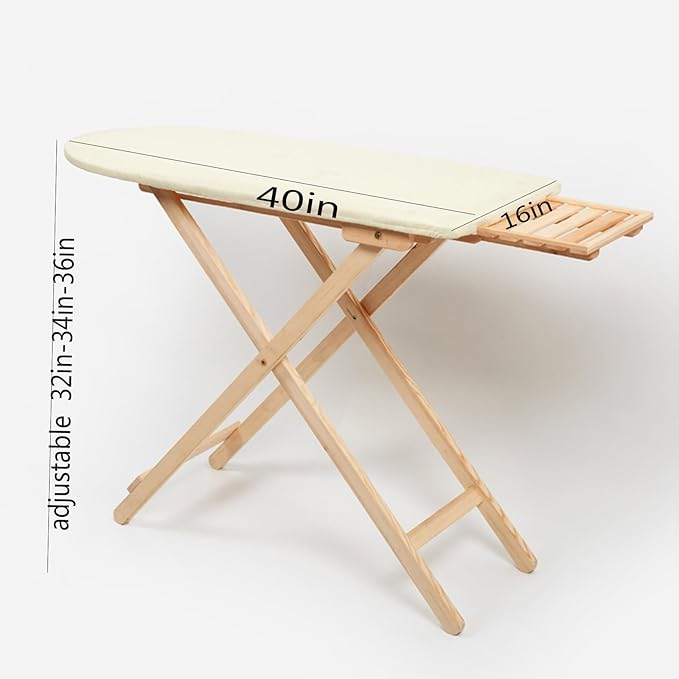 Premium Solid Wood Ironing Board with Foam Pad & Cotton Cover, Adjustable Height for Home Use(Log)