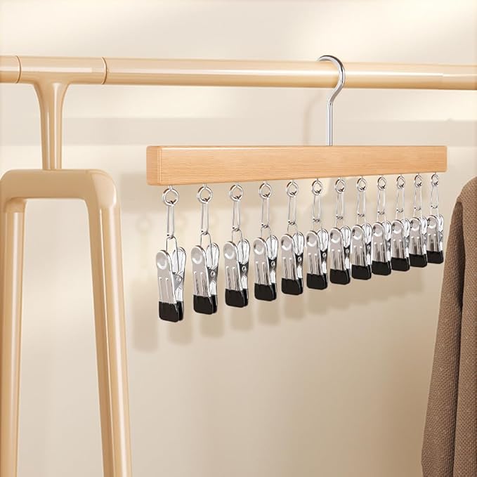 Closet Organizer with 10 Clips, Space Saving Hanging Closet Organizer, Space-Saving Hat Scarf Clothespins for Jeans Skirts Socks Pant Hangers with Clips (Black-12 Clips, 2PCS)