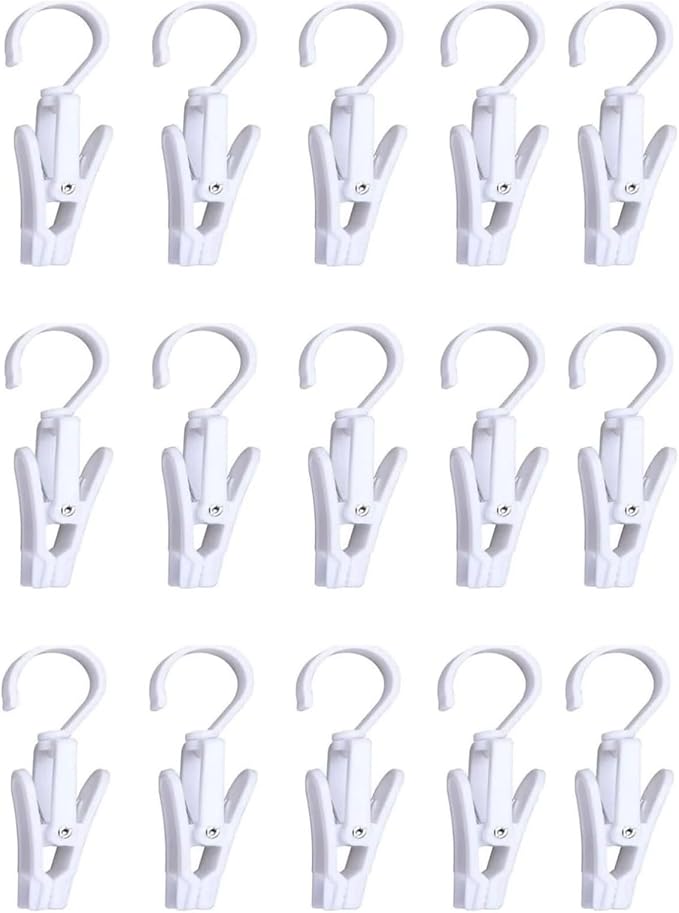 15 pcs Laundry Hooks with Clips，Clothes pins，360° Rotating Hook Clips, Hangers Clip Socks Curtain Towels Bathroom Closet Kitchen Office