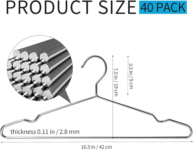 40 Pack Metal Wire Coat Hangers, 16.5 Inch Heavy Duty Stainless Steel Clothes Hangers, Thin Space Saving Pants Hanger for Coats, Jackets, Pants, Shirts, Commercial and Home, Silver