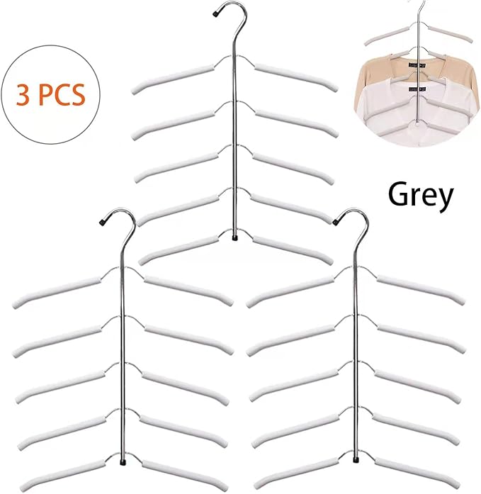 Multi-Layer Clothes Hangers Blouse Tree Hangers 3 Pack 5 in 1 Non Slip Space Saving Stainless Steel Shirt Hangers Closet Organizer（3，Grey）