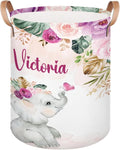 Personalized Laundry Basket, Custom Gift Laundry Hamper, Collapsible Nursery Waterproof Laundry Baskets, Dirty Clothes Toy Hamper with Handles Purple Blush Floral Elephant