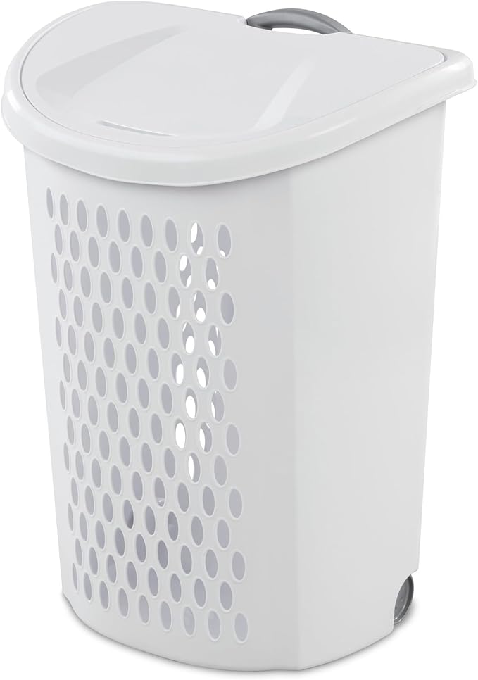 Basket Collection Lidded Wheeled Plastic Laundry Basket Adult-Sized with Handle - for Bedrooms, Dorm Rooms & Laundry Rooms, White