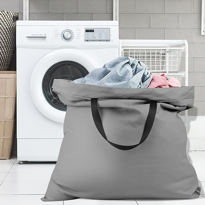 Sanlykate Large Canvas Cotton Laundry Bag with Drawstring & Handles, Heavy Duty Durable Dirty Clothes Organizer, Tear Resistant Hamper Liner Storage Bag, Travel Sack, 25.5 x 34inch - Dark Grey