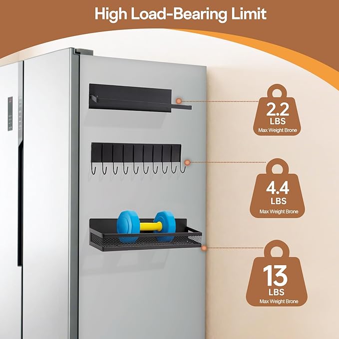 6 Pack Magnetic Shelves for Washing Machine and Fridge, Magnetic Laundry Organizer, Magnetic Fridge Shelves with Versatile Hooks, Paper Towel Holder and Metal Storage Baskets