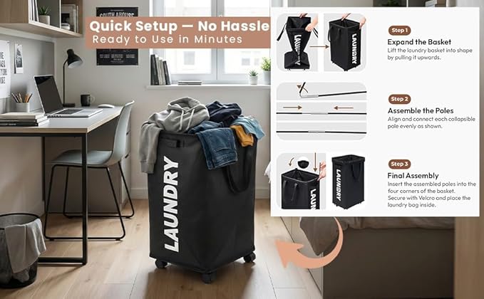 75L – Lockable Wheels Laundry Basket – Support Rods & Box Base – Tall Slim Laundry Hamper – Clothes Hamper – Rolling Cart on Wheels – Heavy Duty Black Laundry Basket – Bathroom, Bedroom & Dorm