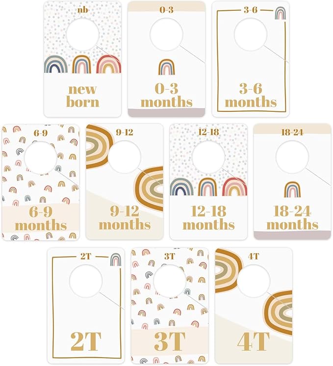 Canopy Street Modern Rainbow Closet Clothing Dividers/Trendy Rainbow Closet Organizers / 10 Newborn To 4T Clothes Organization Dividers / 4" x 6" Flat Boho Baby Nursery Divider Set