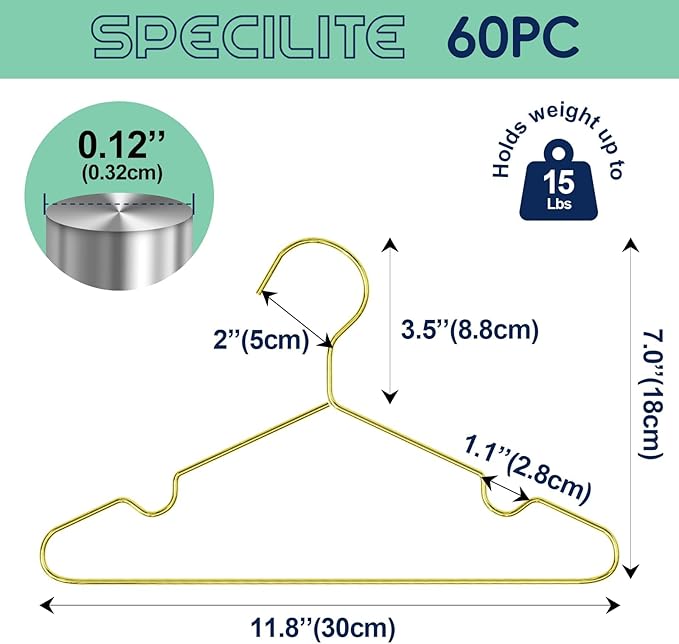 SPECILITE 60 Pack 11.8” Gold Kids Baby Metal Hangers with Notches for Toddler Clothes, Shirt, Children Coats, Infant Dress, Pants, 0.12" Thick Space Saving, Heavy Duty