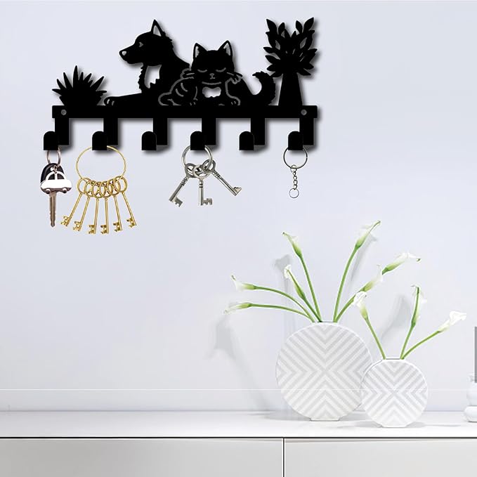 CREATCABIN Pet Key Holder for Wall Mounted Key Rack Dog Cat Potted Plant Design Decorative with 6 Hooks Iron Coat Clothes Hanger Organizer for Wall Bag Towel Dog Leash Entryway Door 10.6 x 5.1 Inch