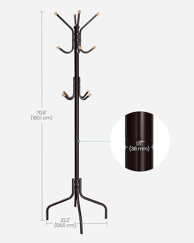 SONGMICS Coat Rack Freestanding, Metal Coat Rack Stand with 12 Hooks and 4 Legs, Holds Clothes, Hats, and Bags, for Entryway, Living Room, Bedroom, Brown URCR031Z01