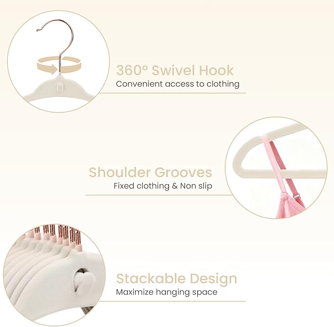 Kids Velvet Hanger 50 Pack, 11" Baby Clothes Hangers with Rose Gold Swivel Hook & 10 Clips, Ultra Thin 0.2" Non-Slip Nursery Hangers, Stackable Space-Saving Felt Hangers for Closet, Beige