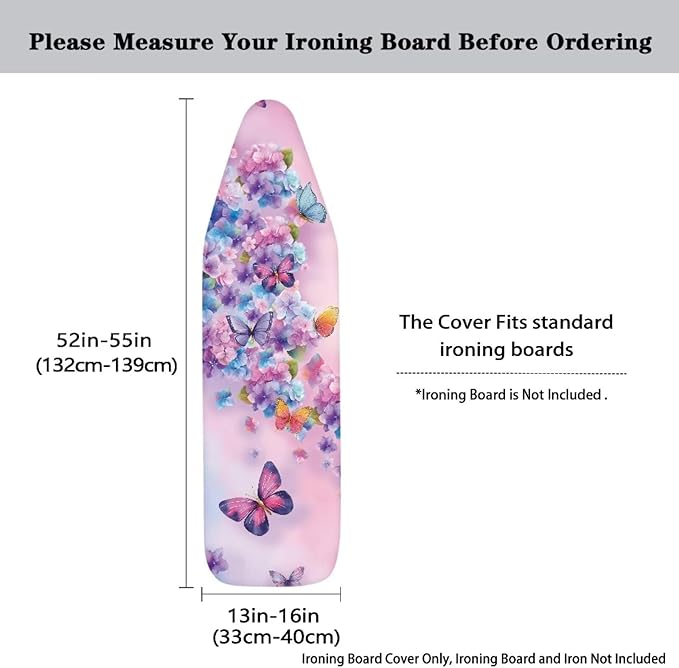 Butterfly Flower Iron Board Cover with Padding Stantard Size 15x54 inch Ironing Board Cover Hook and Loop Fasteners Pressing Cloth for Ironing