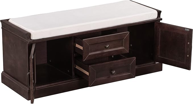 Knocbel 42.5" Entry Storage Bench with Removable Cushion, 2 Drawers and 2 Cabinets, Entryway Hallway Foyer Shoe Bench End of Bed Bench with Aluminum Handles, 200lbs Weight Capacity (Espresso)