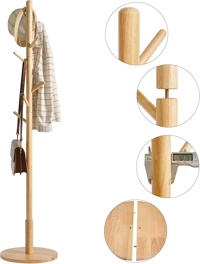 IBUYKE Coat Rack Stand, Freestanding Coat Tree with Solid Round Base and 8 Hooks, Easy Assembly Wooden Coat Hanger, Clothes Rack for Hallway Entryway, Living Room, Bedroom, Natural Color WD-115