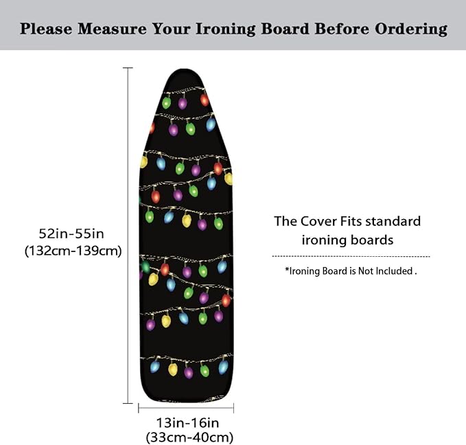 Christmas Colorful Lights Standard Size Iron Pad Covers Tolerates High Temperature Anti-Dirty Durable Ironing Board Replacement Cover with Hook and Loop Fastener Strap