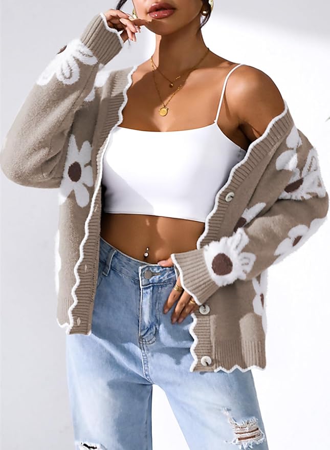 Pink Queen Fuzzy Sweater Cardigan for Women 2025 Fashion Long Sleeve Flower Outerwear Button Down Open Front Cardigan Coat