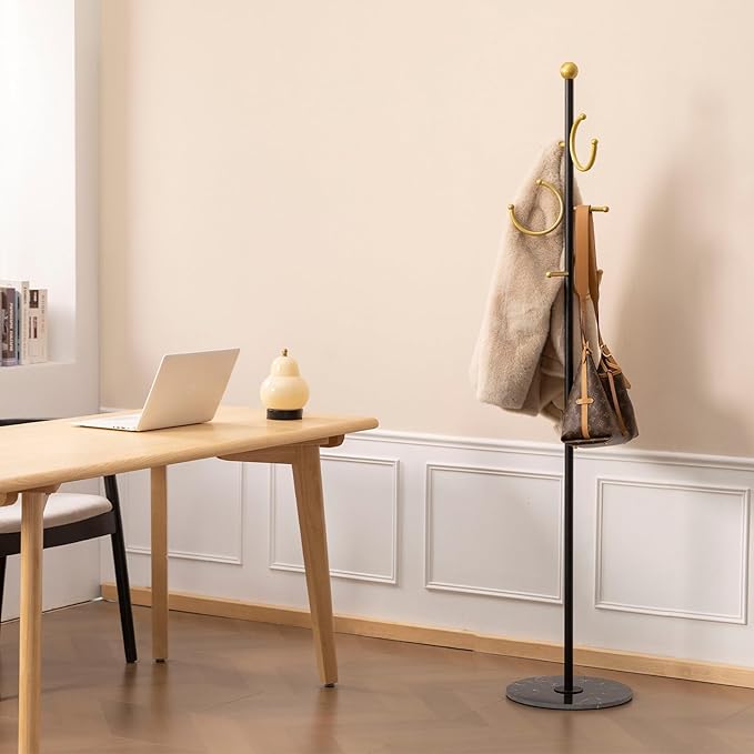 Coat Rack Freestanding Metal Corner Clothing Rack with Round Marble Base 8 Hooks Heavy Duty Coat Tree for Hanging Clothes Bag Hats 13.78x13.78x67.72 in (Black)