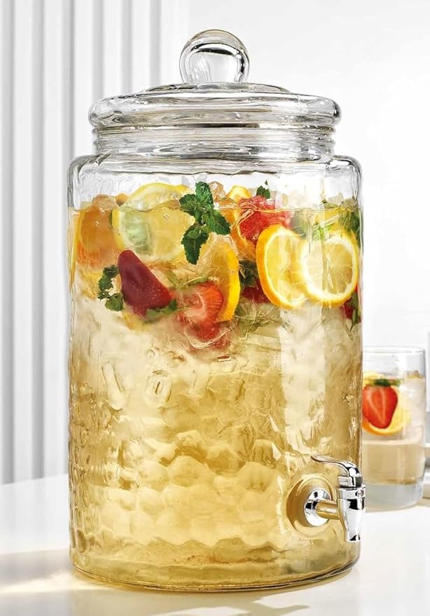 MosJos 3 Gallon Classic Hammered Glass Ice Cold Beverage Drink Dispenser - With Glass Lid 100% Leak Proof Spigot- Wide Mouth Easy Filling For Outdoor, Parties & Daily Use