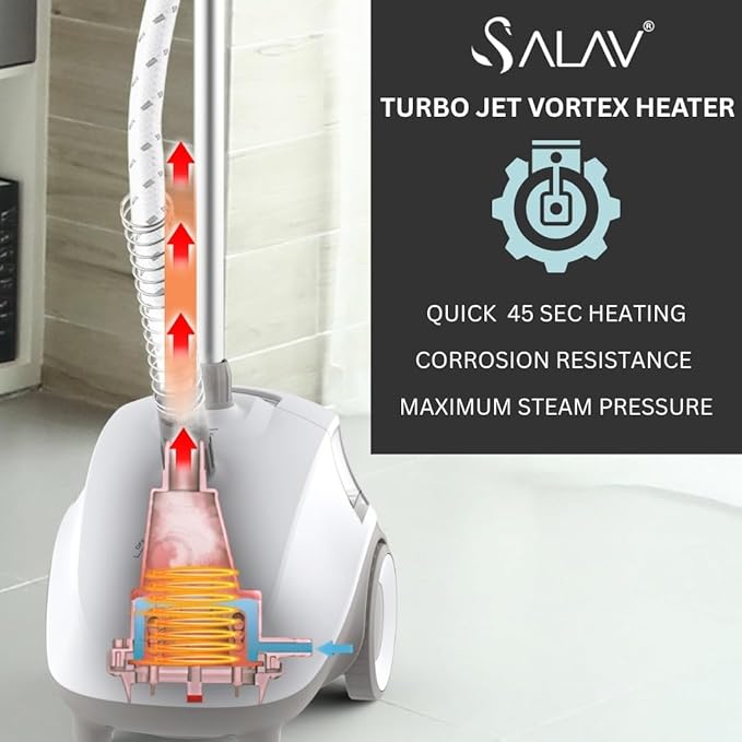 SALAV® Standing Steamer for Clothes, 1500W Powerful Garment Steamer with Roll Wheels, 4 Steam Settings, High Efficiency Stainless Steel Plate, with Limescale Remover Descaler Packets