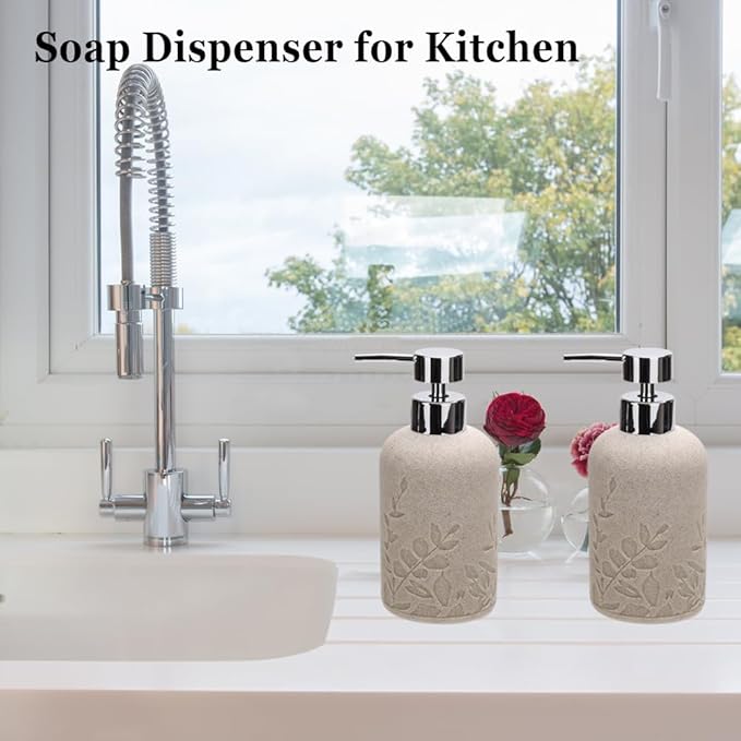 2pcs Hand Soap Dispenser Set, Sandstone Textured Resin Liquid Soap Dispensers for Bathroom Countertop, Heavy & Sturdy Dish Wash Soap Dispenser for Kitchen, Matte Beige