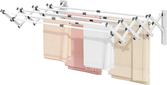 APEXCHASER Wall Mounted Clothes Drying Rack Laundry Drying Rack Retractable, Towel Racks Wall Mounted for Bathroom Balcony Laundry Room Indoor, Foldable Accordion Dryer Rack for Clothing, White