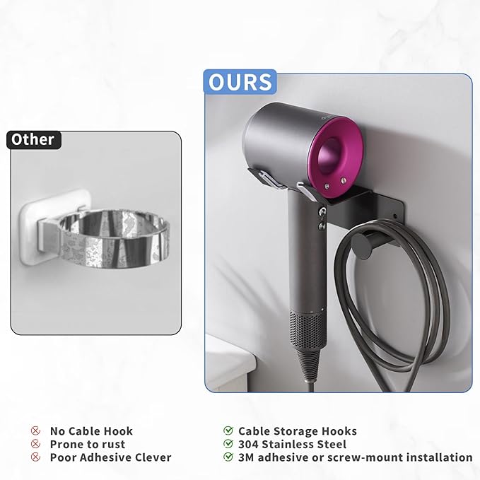 Hair Dryer Holder, Dyson Hair Dryer Holder, Blow Dryer Holder with Cord Hook SUS304 Stainless Steel Wall Mount, Self Adhesive/Screw Space Saving Hairdryer Holder for Bathroom Black