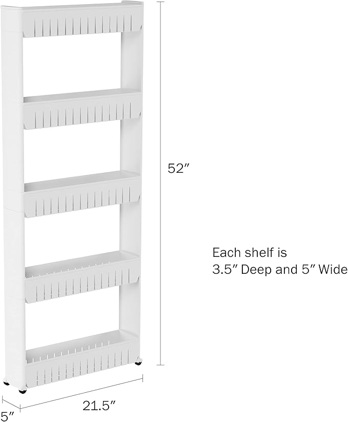 Slim Rolling Storage Cart - 5-Tier Utility Cart with Wheels for Bathroom, Kitchen, and Laundry Room - Bathroom Shelves by Lavish Home (White)