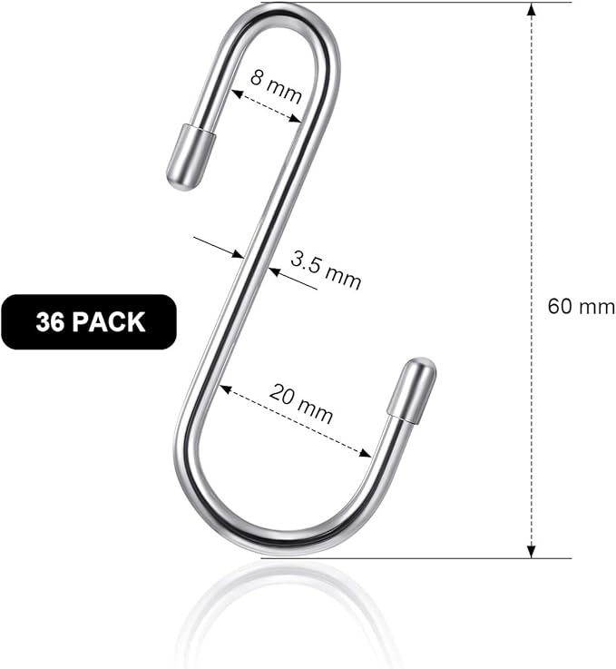 Hotop 36 Pcs Silver S Hooks for Hanging 2.4 Inch Heavy Duty S Shaped Hook Rack Metal Non Slip Hanger for Christmas Tree Stocking Kitchen Pot Utensils Closet Wire Bathroom Bedroom Pan Bag Towel Plant