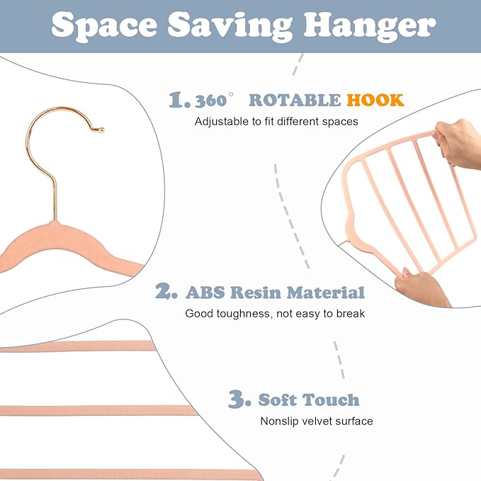 Tinfol Velvet Pants Hanger Space Saving with Hook, 6pc 4 Layers Non-Slip Jeans Hangers, Pink Multiple Clothes Hangers Closet Storage Organizer forJeans Scarf Towels Tie Towel