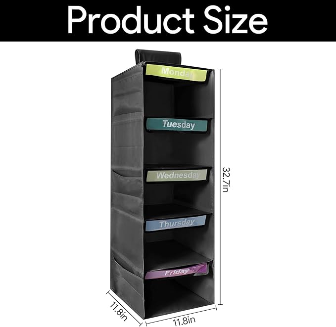 5-Shelf Weekly Clothes Organizer for Kids, Collapsible Hanging Closet Shelves, Baby Closet Organizers and Storage with 6 Side Pockets, Daily Clothing Divider for Boys and Girls (Black)