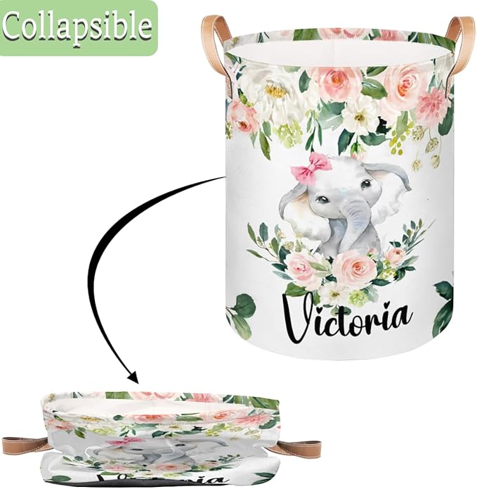 Personalized Laundry Basket, Custom Gift Laundry Hamper, Collapsible Nursery Waterproof Laundry Baskets, Dirty Clothes Toy Hamper with Handles Pink Floral Elephant Girl