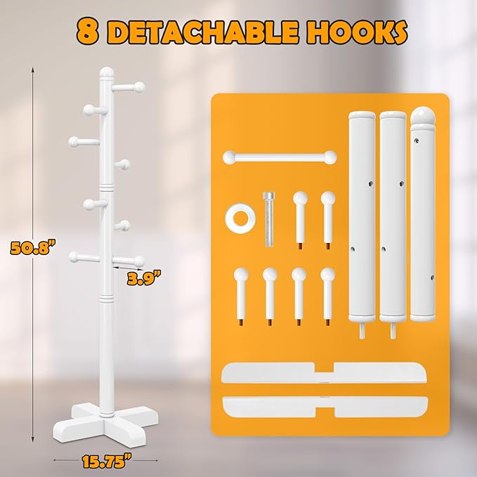 Coat Rack, Freestanding Coat Racks with 8 Hooks 2 Adjustable Height, Tree Coat Rack for Bedroom, Hallway, Entrance, Office, Hats, Handbags,Purse (White)