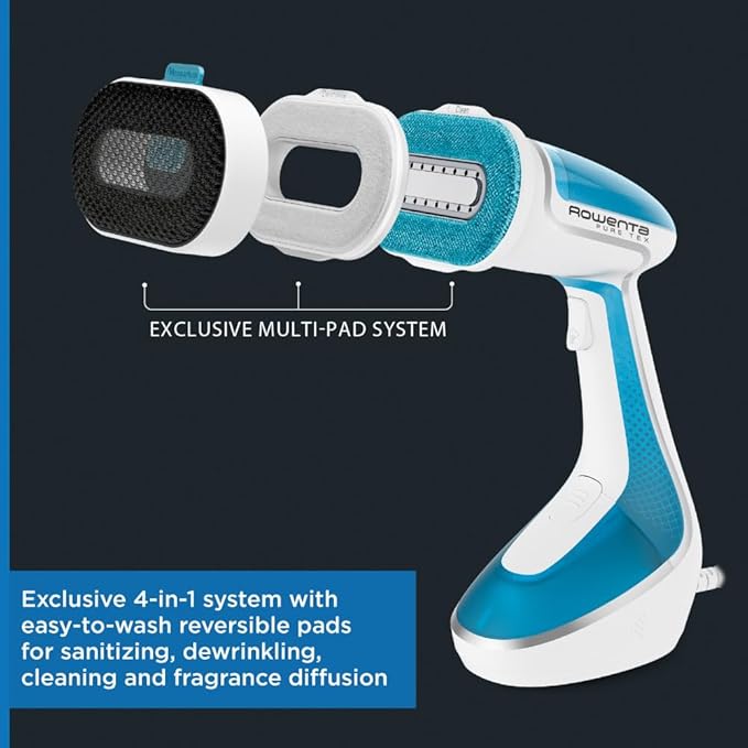 Rowenta, Steamer for Clothes, Pure Tex 4-in-1 Steamer, 1700W, XL 6.8 Ounce Water Tank, 25 Second Heat Up, Powerful Steam, Reversible Pad System, Light Blue, DR9530