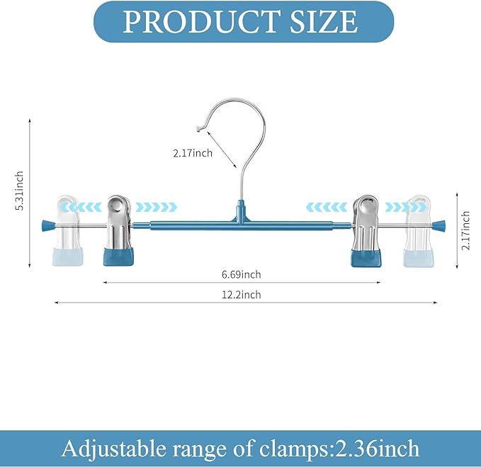 50PACK Pants Hangers with Clips Adjustable Skirt Hangers for Women Metal Non-Slip Trousers Hanger Heavy Duty Space Saving Clothes Hanger for Shorts,Jeans,12Inch,Blue