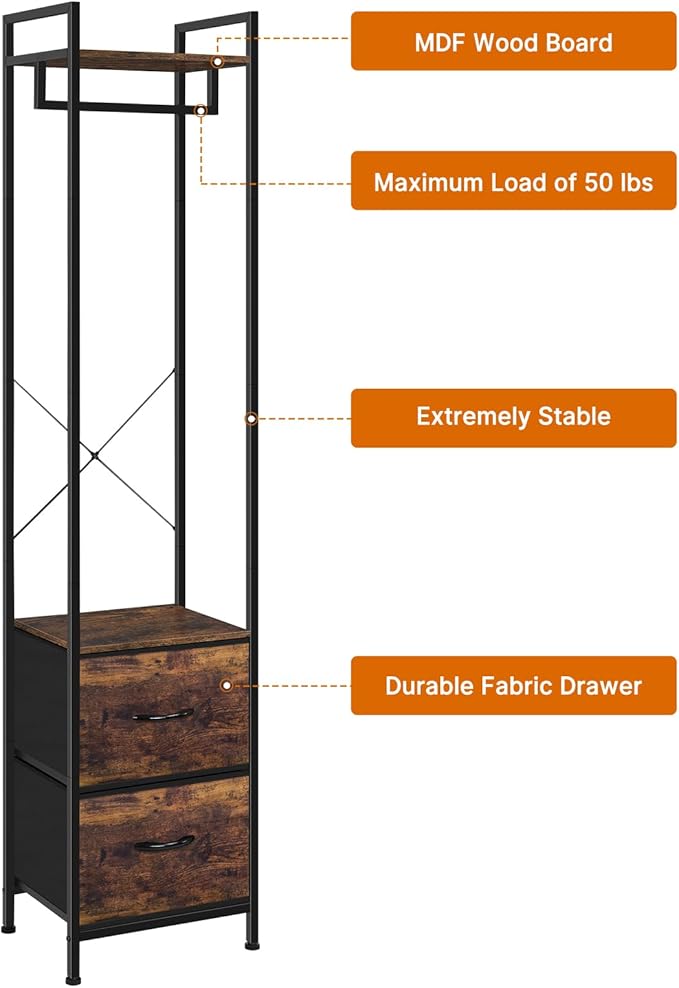 smusei Garment Rack 3 Tiers Clothes Rack Heavy Duty with Fabric Drawers and Storage Shelves Freestanding Closet Organizer Stand Small Coat Rack for Bedroom Entryway Living Room