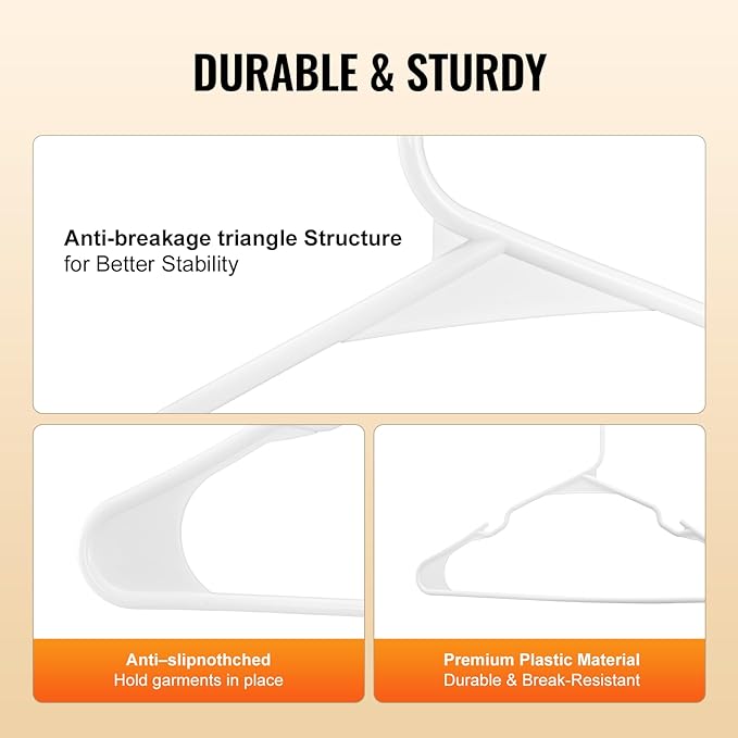 VEVOR Hangers, 0.2 in Ultra-Thin, 50 Pack White Plastic Hangers with Stable Triangular Top Structure & Wider Notch Design, Non-Slip Space Saving Hanger, Fit for T-Shirt, Shirt, Sling & Pant