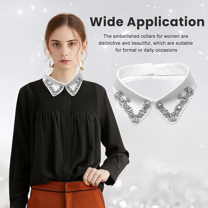 erioctry Rhinestones Fake Collar White Detachable Faux Blouse Lapel Choker for Women Girls Party Wear
