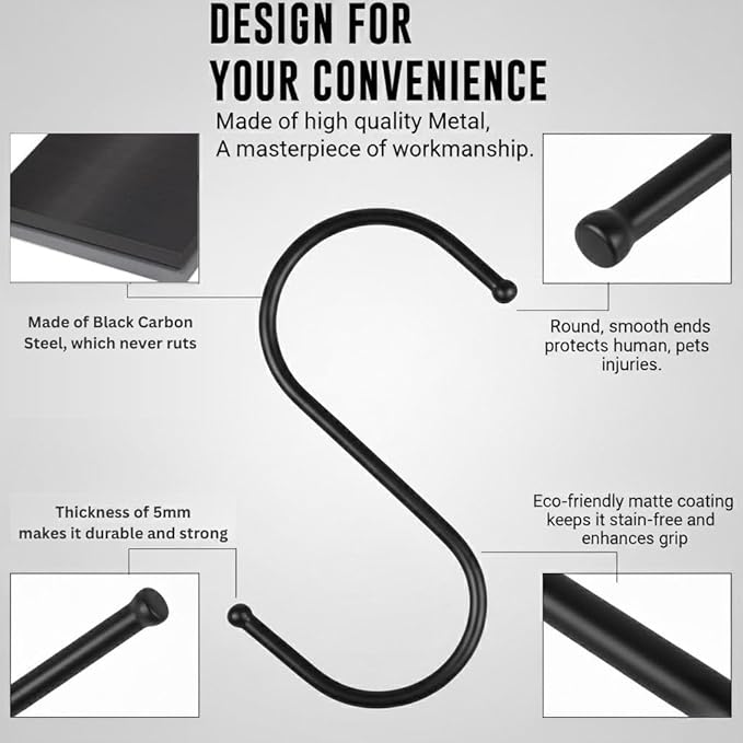 30 Pack Black S Hooks for Hanging Plants, Metal Hooks for Hanging, S Hooks for Hanging Heavy Duty, Durable S Shaped Kitchen Hooks for Kitchenware, Pots, Utensils, Clothes & Bags