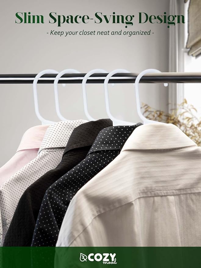 Cozymood Plastic Notched Hangers 50 Pack, Space Saving Tubular Clothes Hangers White, Slim Non-Slip Heavy Duty Plastic Hanger for Everyday Use, Standard Closet Hanger for Shirts, Coats, Dress, Skirts