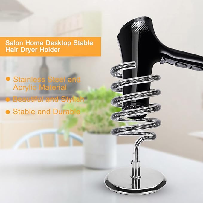Hair Dryer Holder Countertop, Acrylic Hair Dryer Stand with Stainless Steel Base, Spiral Blow Dryer Holder Hair Tool Organizer for Bathroom, Vanity, Salon, Home
