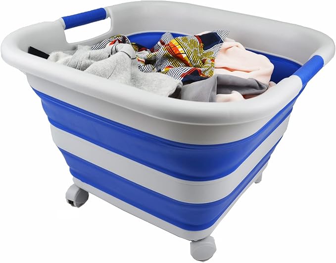 SAMMART 39L (10.3 Gallons) Collapsible Plastic Laundry Basket with Wheels-Foldable Pop Up Storage Container (1, Grey/Purplish Blue)