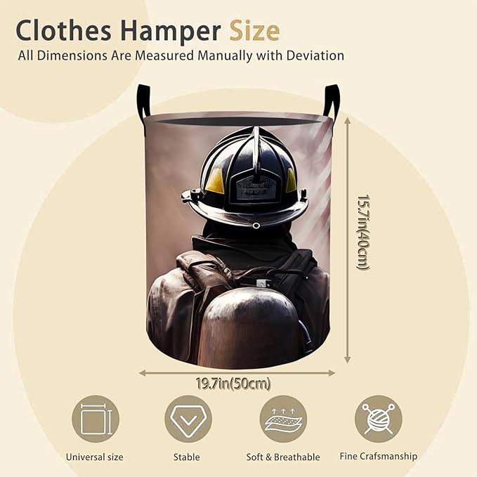 Firefighter Laundry Basket Hamper for Boys Girls Kids Adults, Foldable Waterproof Oxford Clothes Storage Bin, Patriotic Organizer for Bedroom Bathroom Room Decor 19.7"x15.8"